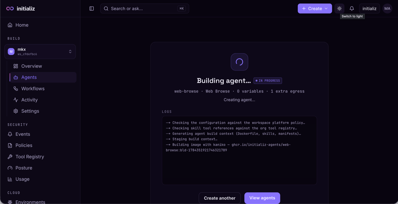 The build progress screen: policy and tool-registry checks, build context generation, and the image build streaming in the log