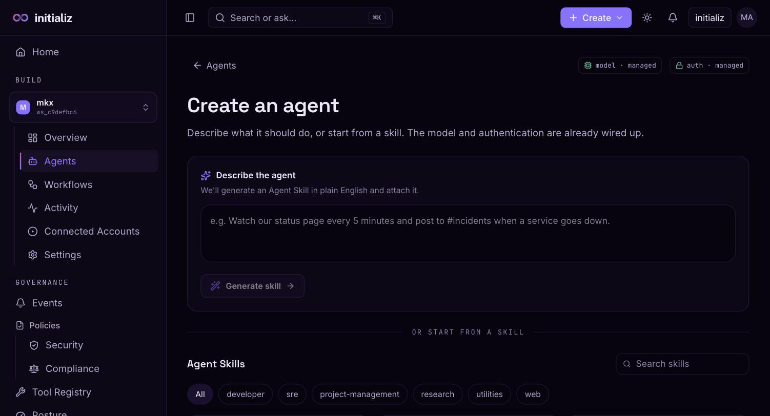 The create-agent entry screen: describe the agent in plain English, or start from a skill in the catalog