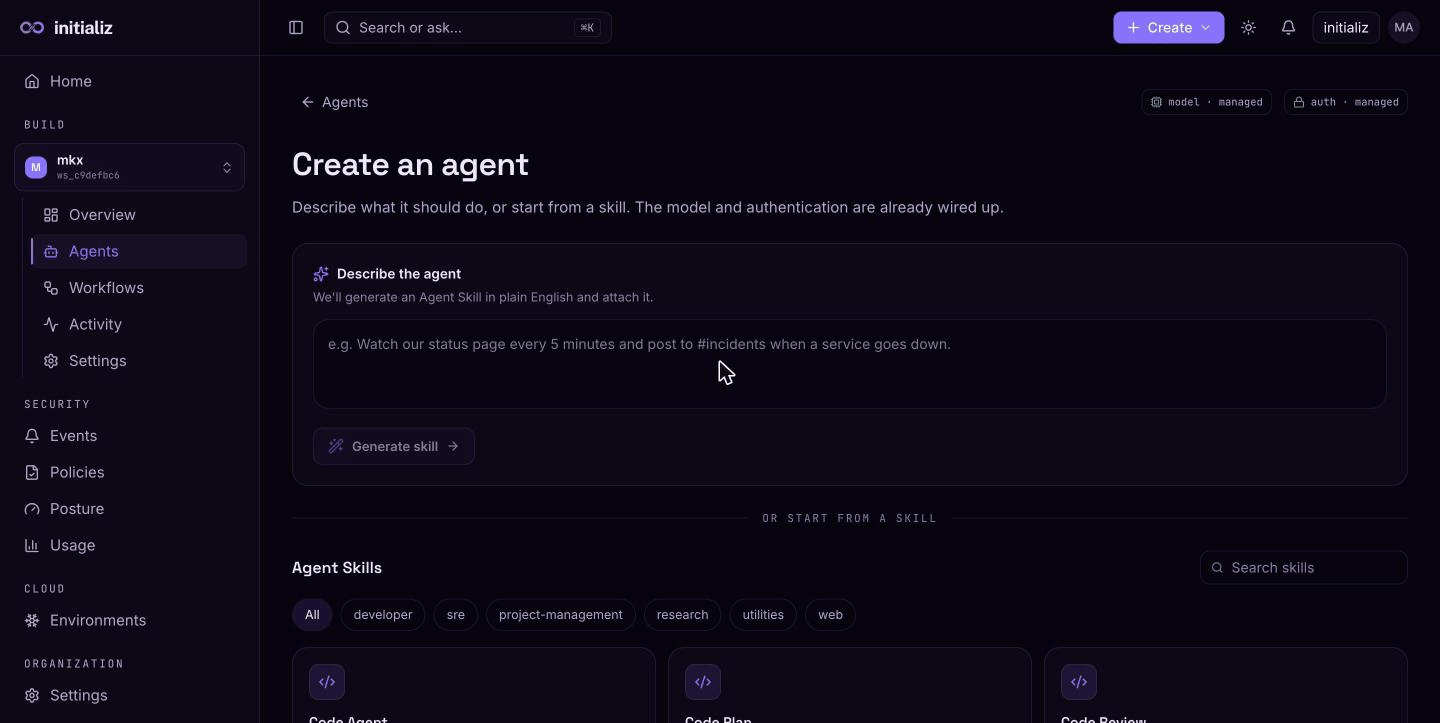 The create-agent entry screen: describe the agent in plain English, or start from a skill in the catalog