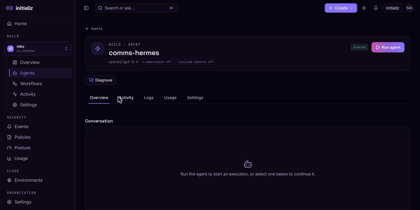 An agent's detail page: status, Run agent, Diagnose, and the Overview, Activity, Logs, Usage, and Settings tabs