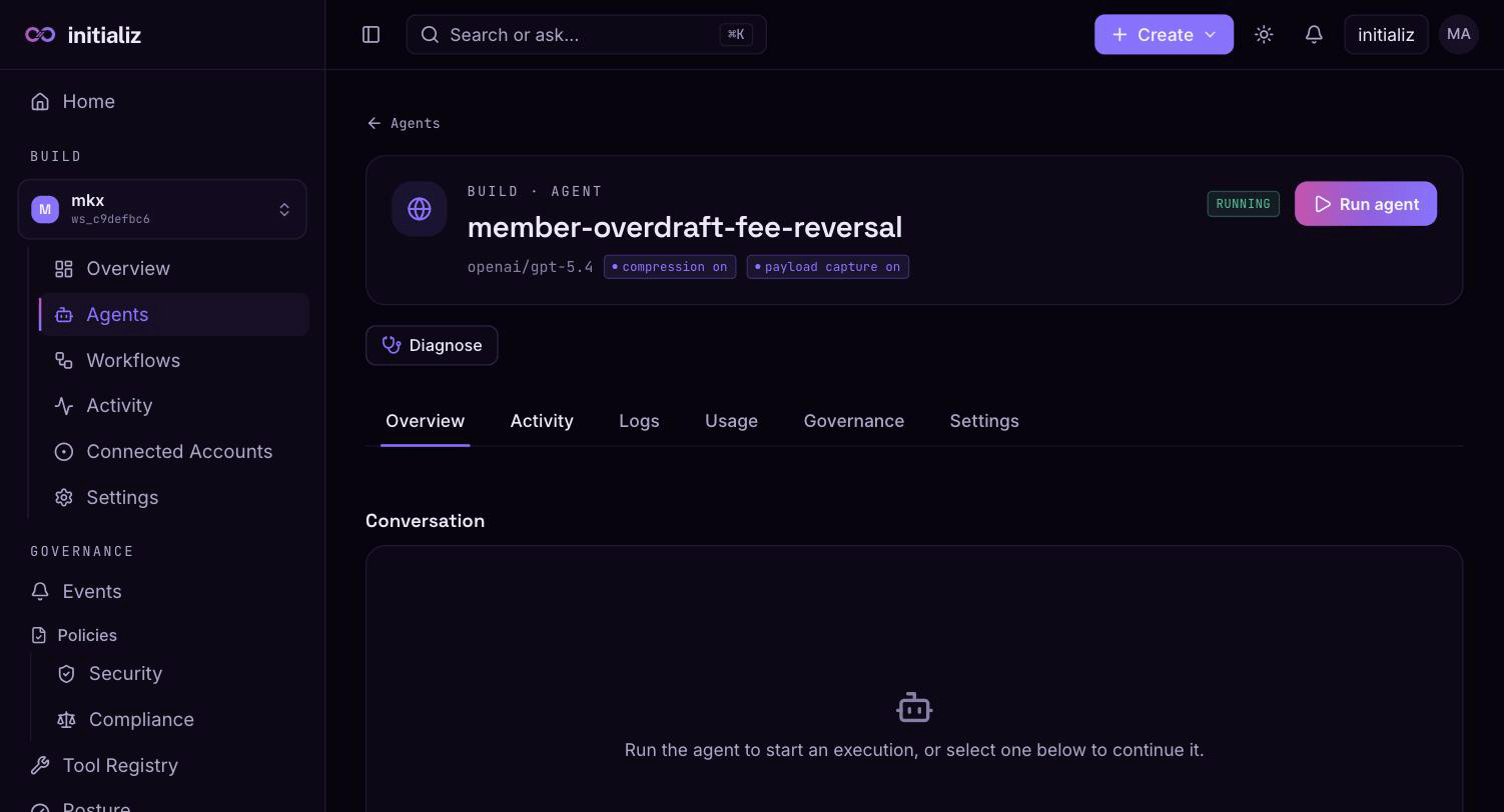 An agent's detail page: status, Run agent, Diagnose, and the Overview, Activity, Logs, Usage, Governance, and Settings tabs