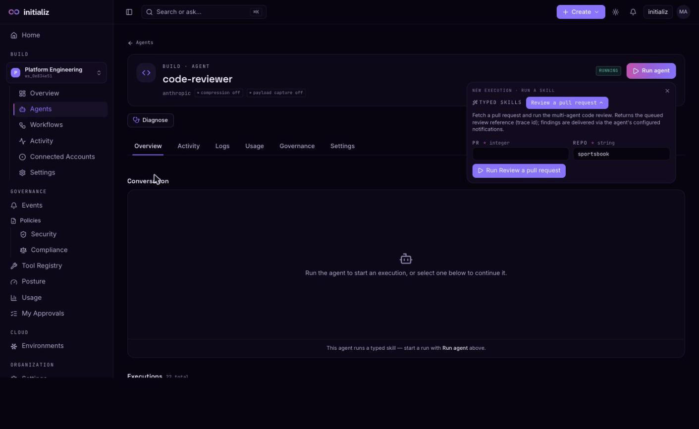 Run agent on a typed-skill agent: a structured form with the skill's typed, required input fields