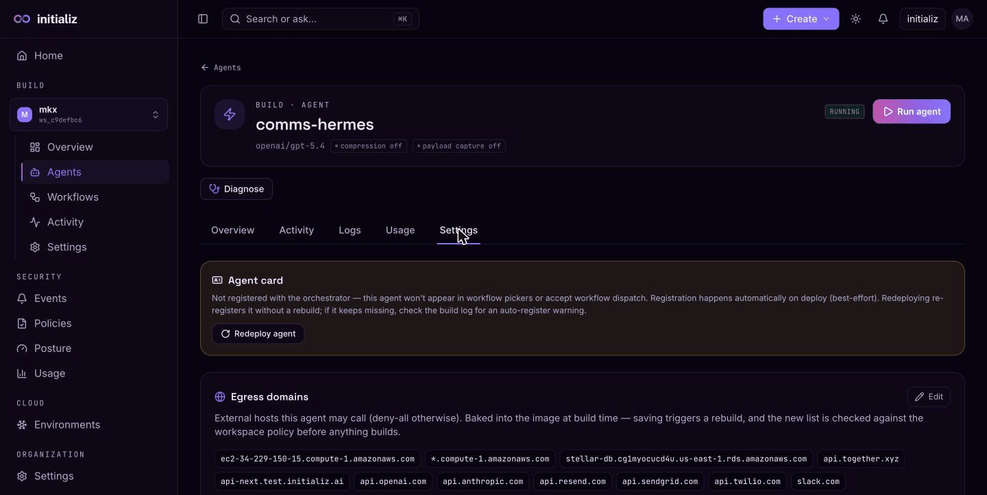 An agent's Settings tab: the egress domain allowlist with per-agent Edit