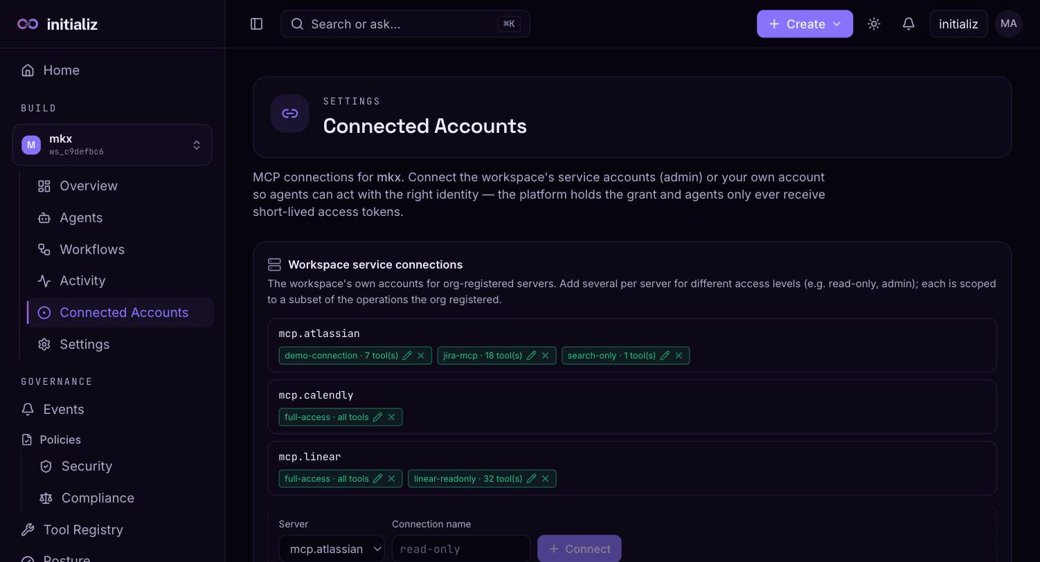 The Connected Accounts screen: named workspace service connections per server, each scoped to a subset of tools