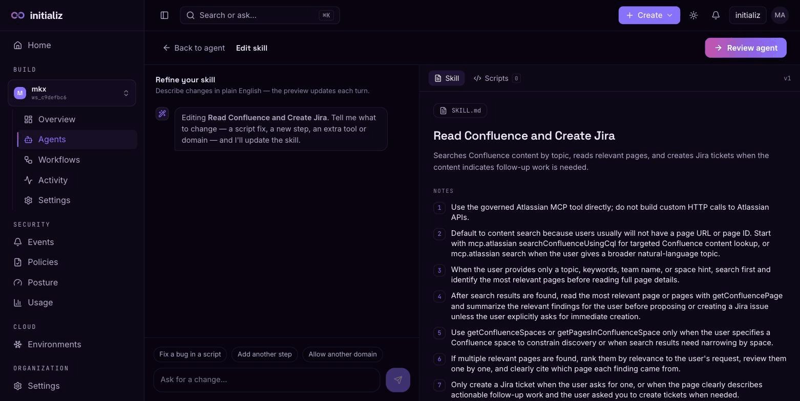 Editing a deployed agent's skill: the conversational editor seeded with the current skill, with the full skill document in the preview