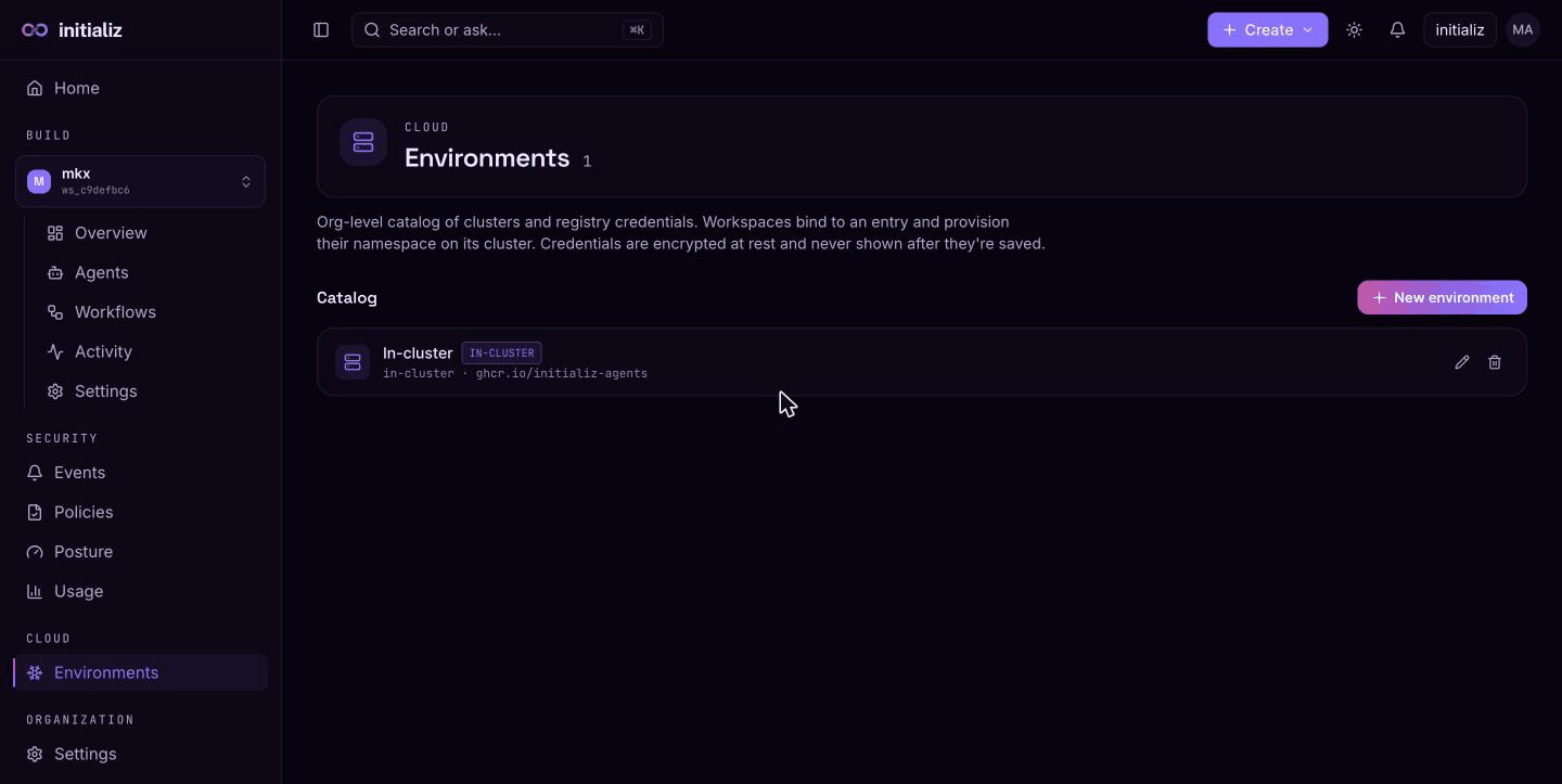 The Environments screen: the org-level catalog of clusters workspaces bind to
