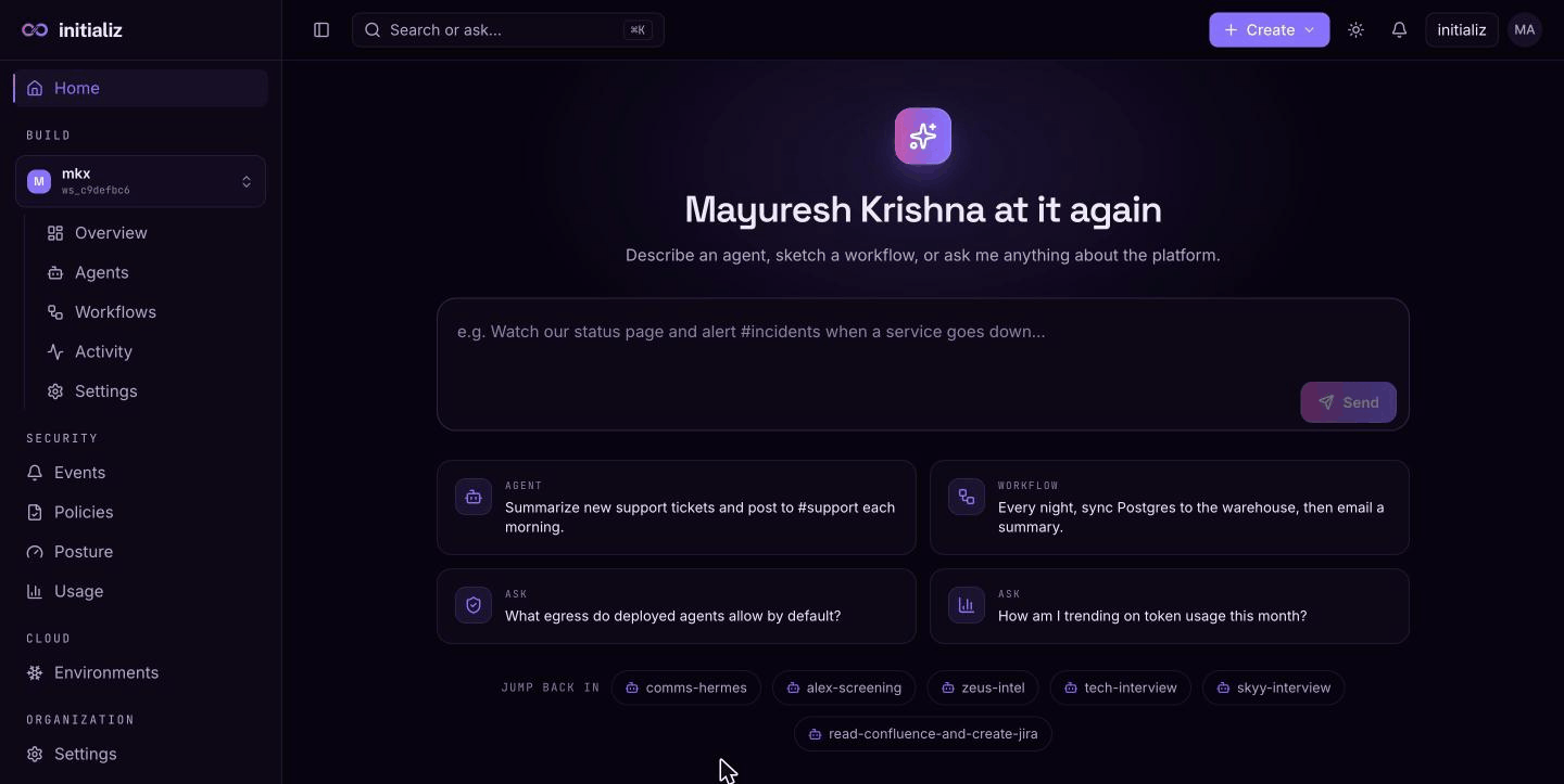 The Home screen: the ask box front door, suggestion cards, recent agents, and org-wide stats