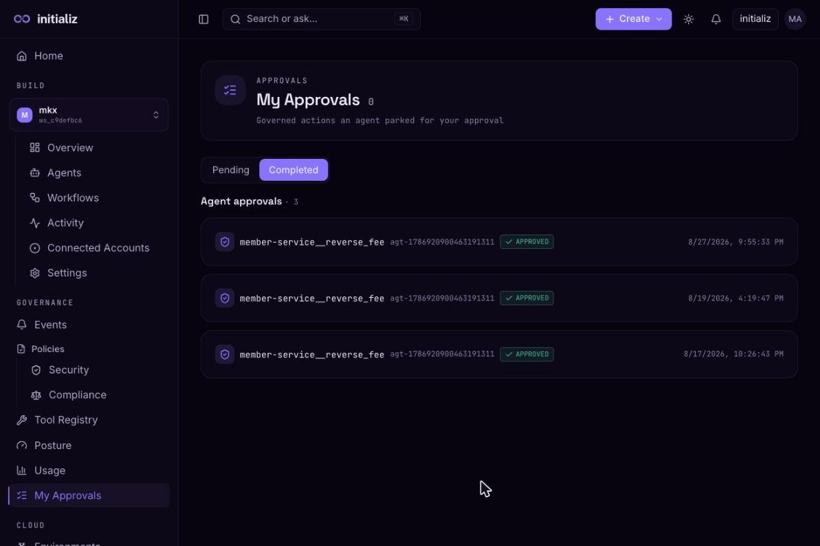 The My Approvals screen: the personal queue of governed actions parked for your decision