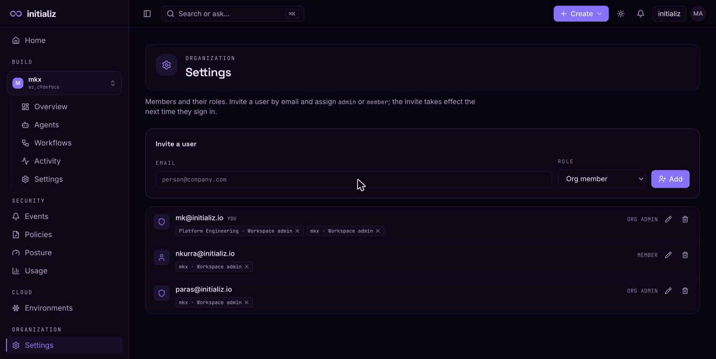 Organization Settings: the invite form and the member list with org roles and workspace assignments