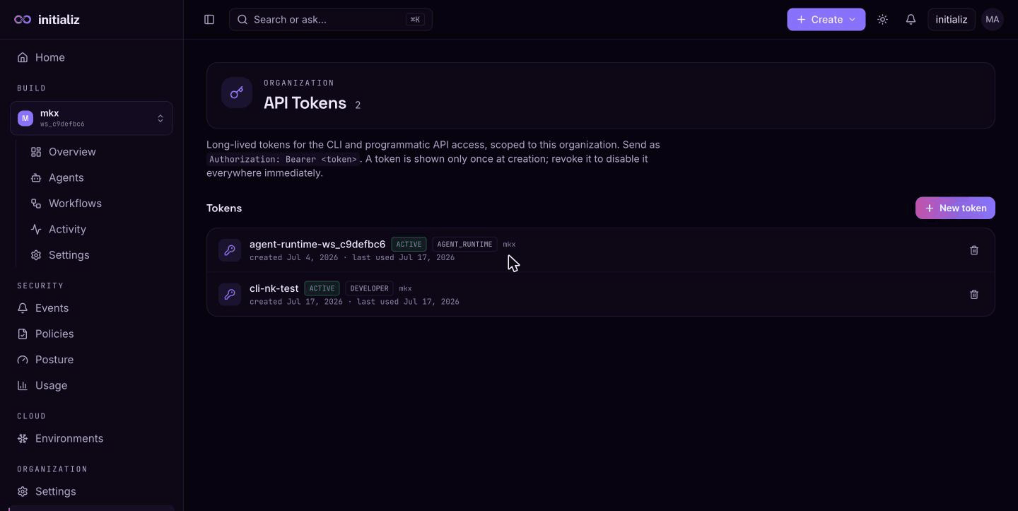The API Tokens screen: active tokens with their role, workspace scope, creation and last-used dates
