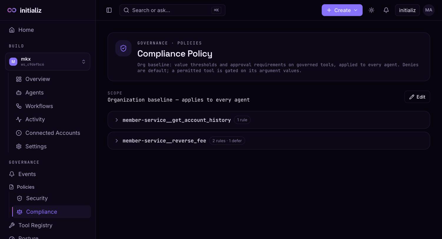 The Compliance Policy screen: the org baseline with governed tools listed as collapsible rule groups
