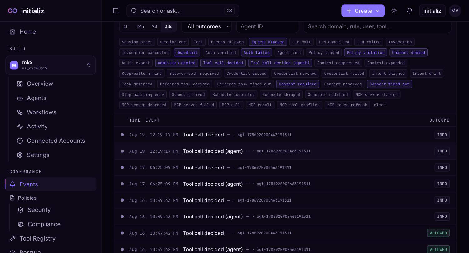 The Security Events screen: totals, outcome filters, event-type chips, and the event stream