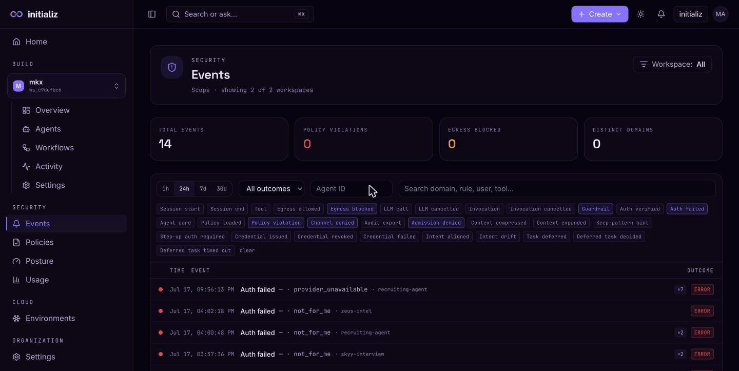 The Security Events screen: totals, outcome filters, event-type chips, and the event stream