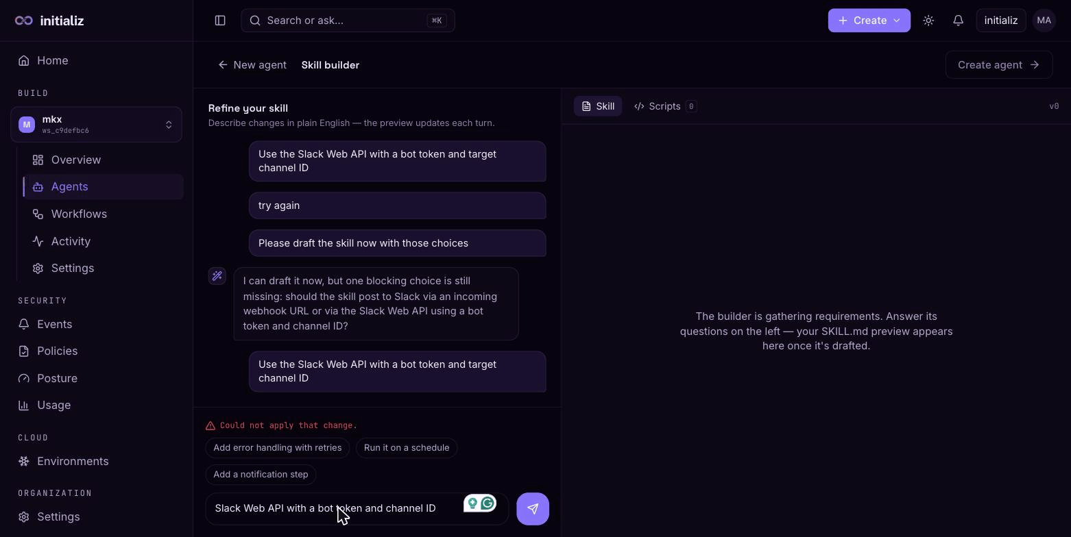 The skill builder: a conversation refining the skill on the left, the draft preview on the right