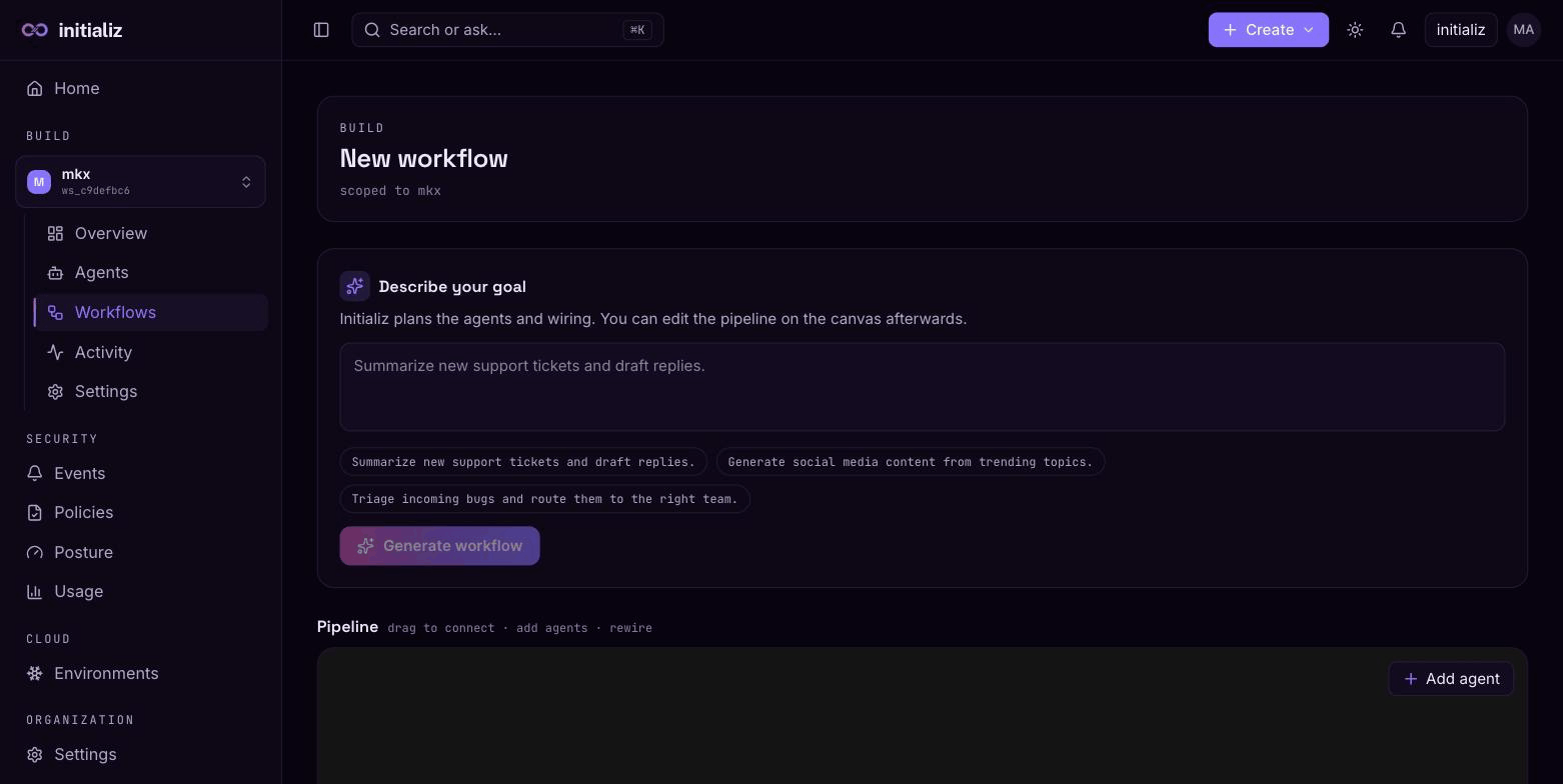 The new-workflow screen: describe your goal with suggestion chips, above the editable pipeline canvas