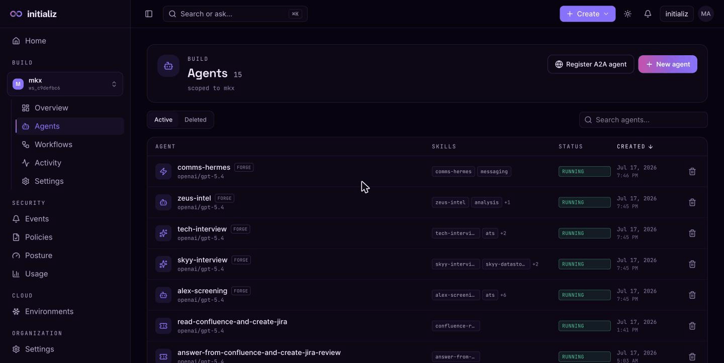 The Agents list: each agent with its skills, model, running status, and creation time